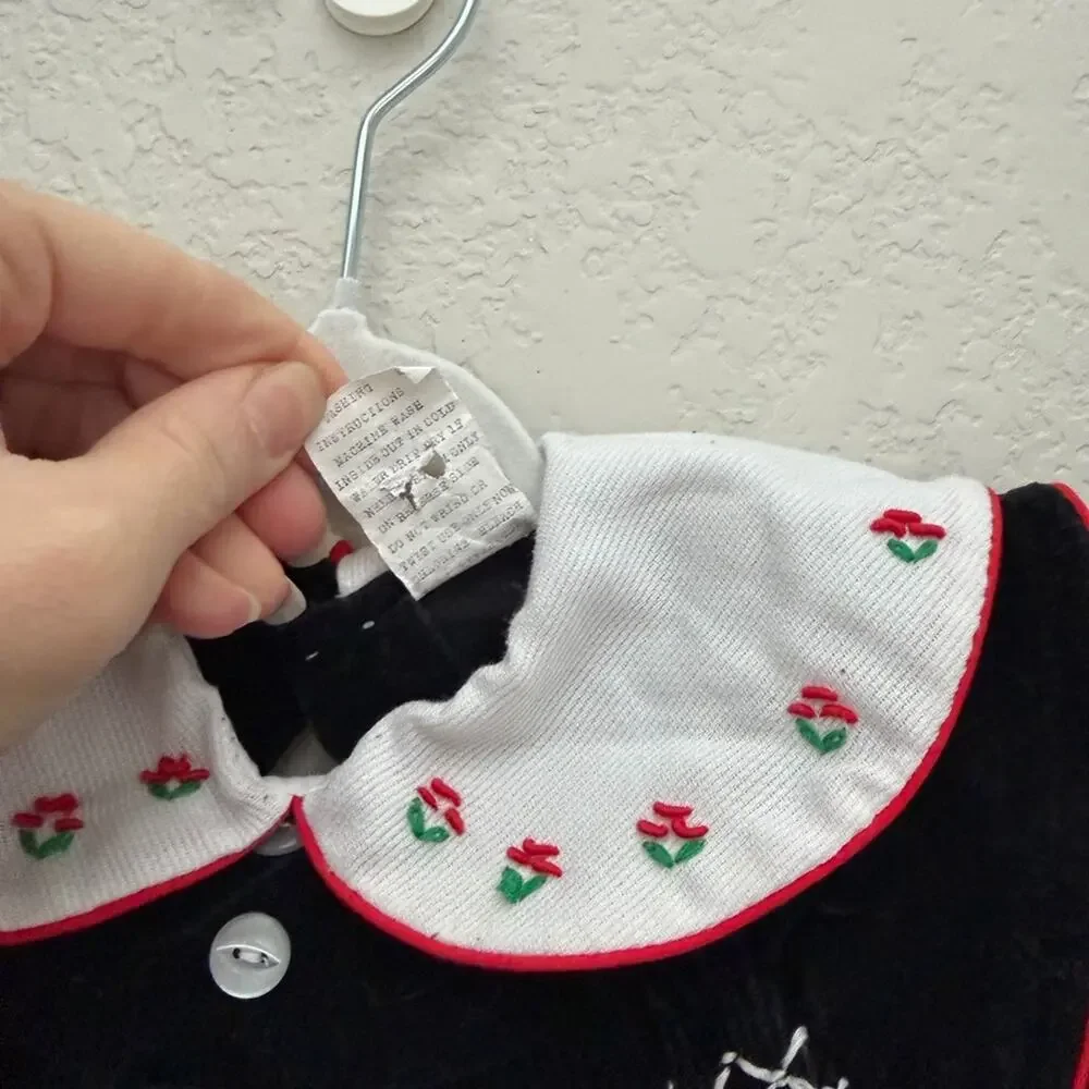 Baby Smocked Romper Black Velvet Floral Embroidery 12 to 18 Months Vintage Style
